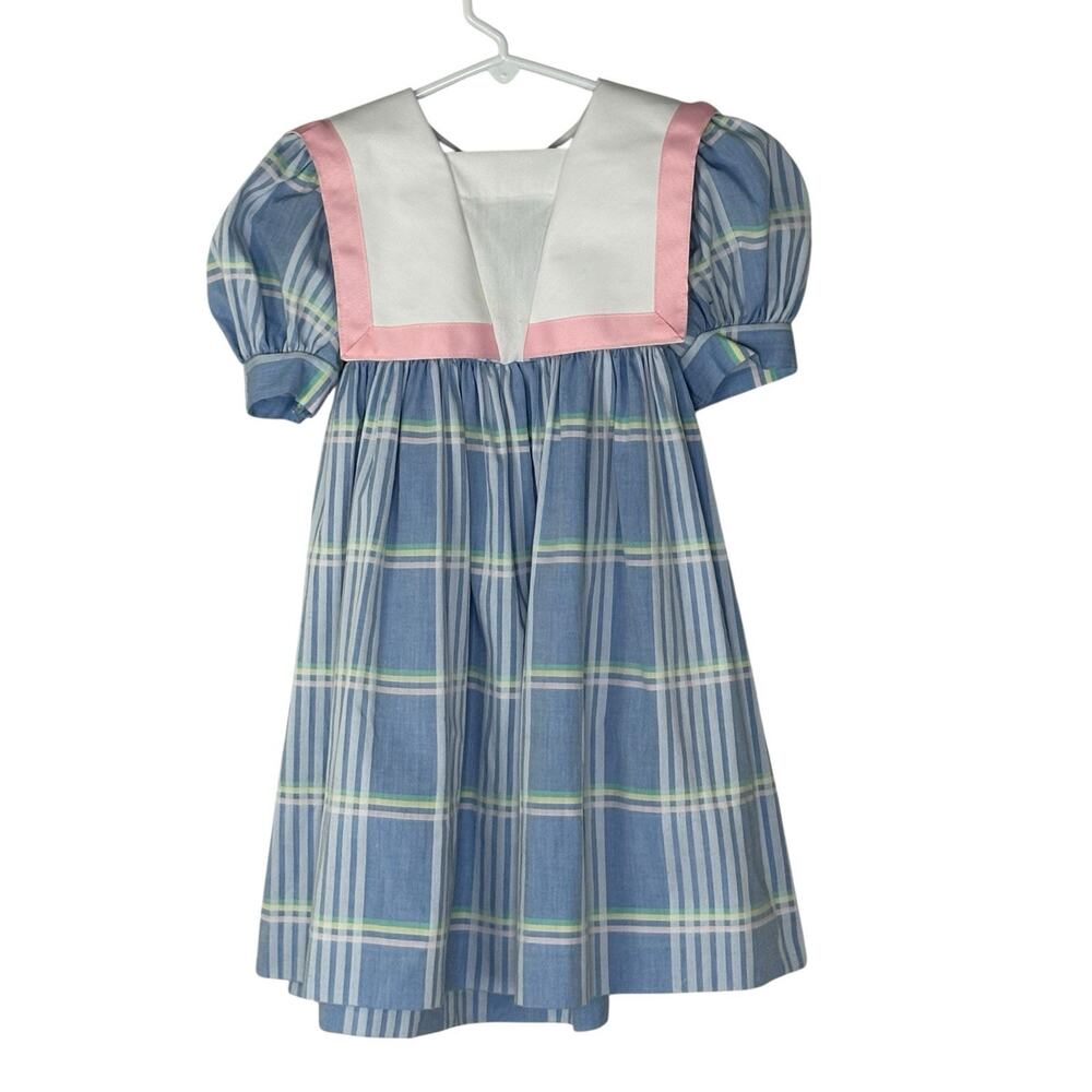 Vtg MONDAYS CHILD Girls Maxi Dress Sailor Collar Puff Slv Pastel Plaid Sz 4